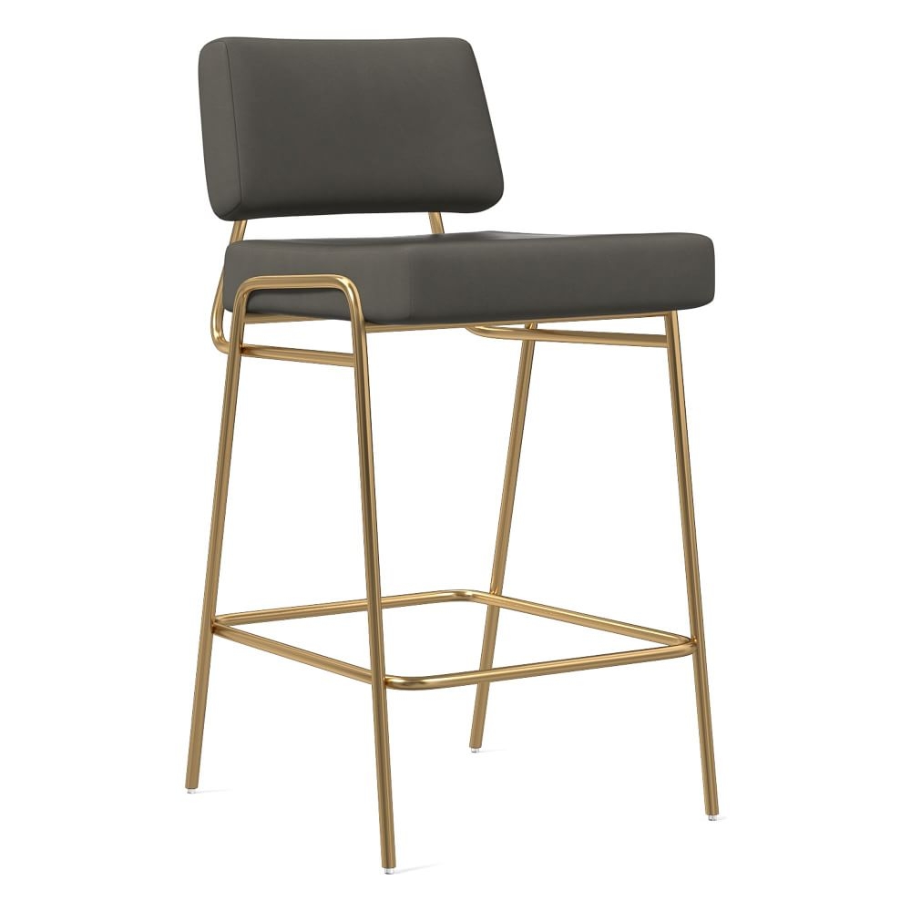 Wire Frame Counter Stool, Vegan Leather, Cinder, Antique Brass - Image 0