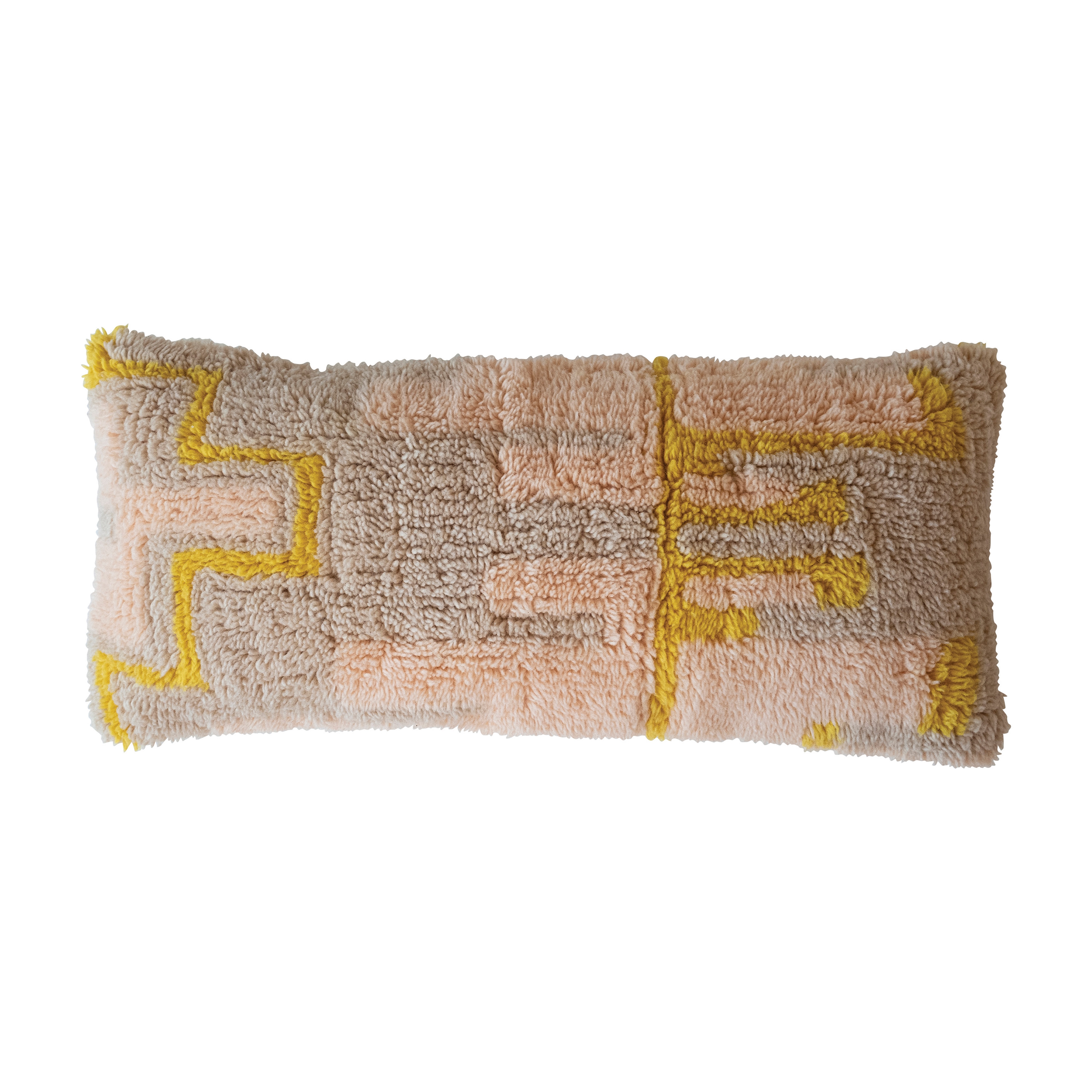 New Zealand Wool Shag Lumbar Pillow with Design and Cotton Back, Pink, Yellow and Cream - Image 0