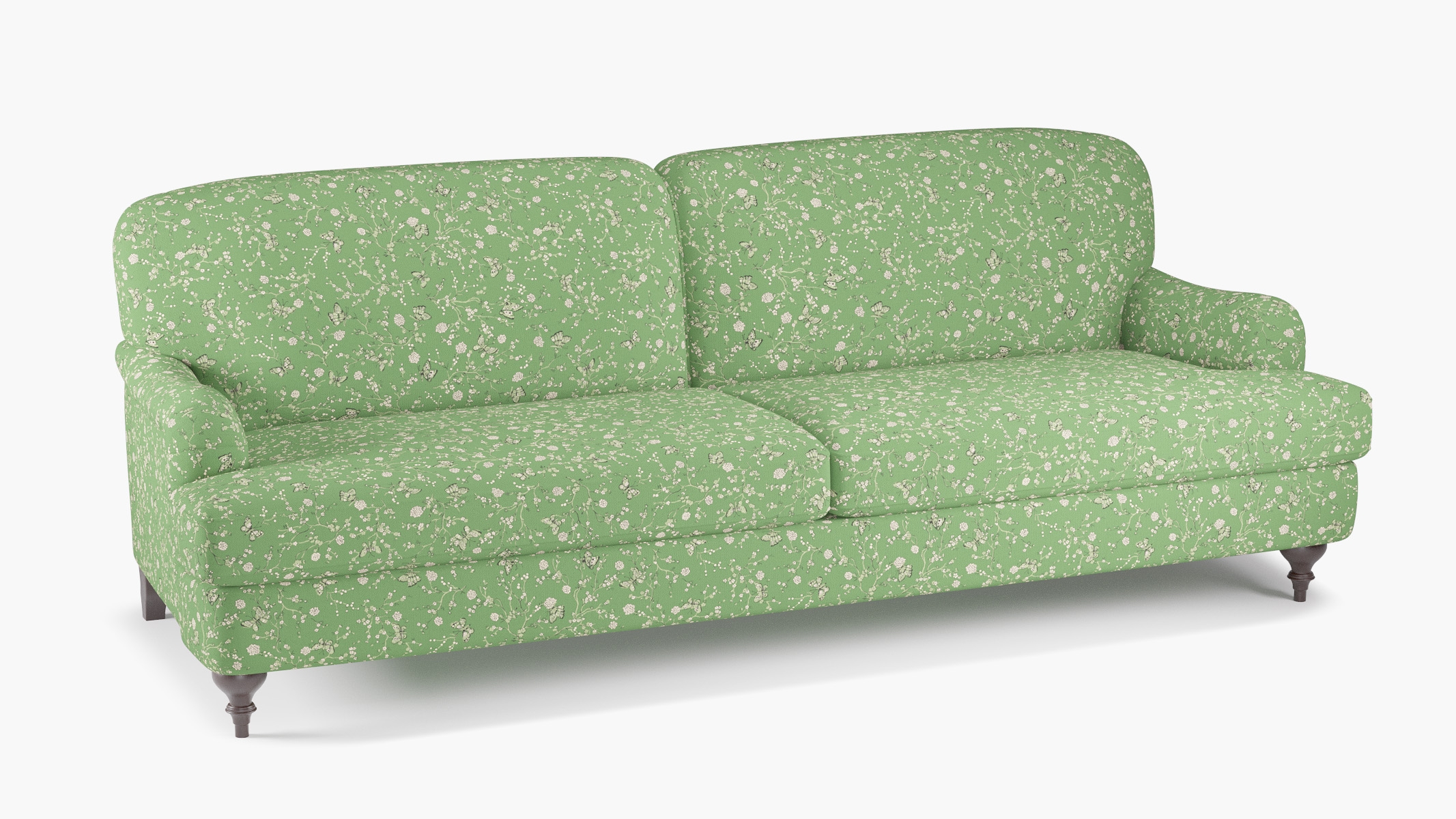 English Roll Arm Sofa, Kelly Mariposa, Espresso Turned Wood Leg - Image 1