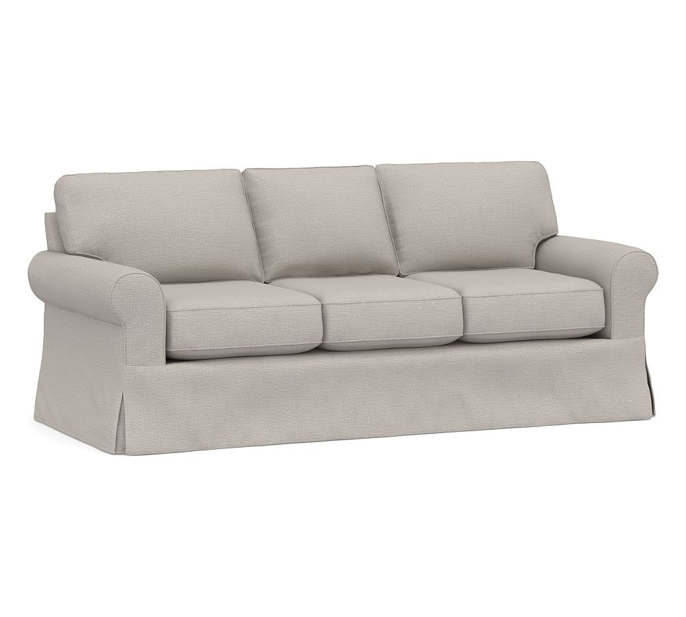 Buchanan Roll Arm Slipcovered Sofa 87", Polyester Wrapped Cushions, Chunky Basketweave Stone - Image 0