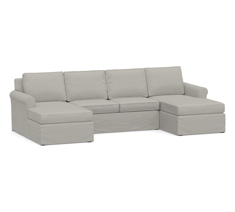 Cameron Roll Arm Slipcovered U-Chaise Loveseat Sectional, Polyester Wrapped Cushions, Performance Boucle Pebble - Image 0
