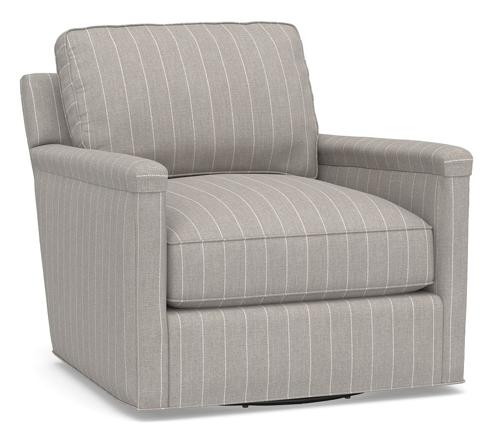 Tyler Square Arm Upholstered Swivel Armchair, Down Blend Wrapped Cushions, Sunbrella(R) Performance Harbor Stripe Gray - Image 0