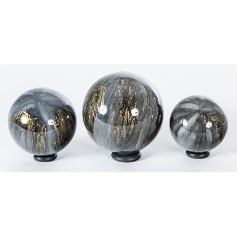 Prima Design Source 3 Piece Cathedral Stone Hand Blown Glass Display Spheres on Iron Ring Stands Sculpture Set - Image 0
