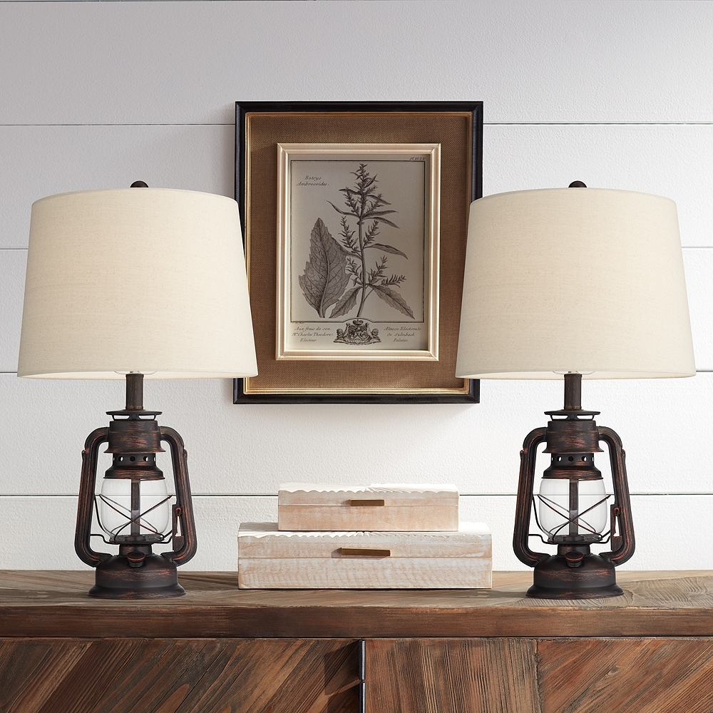 Franklin Iron Works Murphy Red Bronze Miner Lantern Table Lamps Set of 2 - Image 0