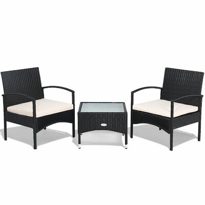 3 Pcs Patio Wicker Rattan Furniture Set With White Cushion - Image 0
