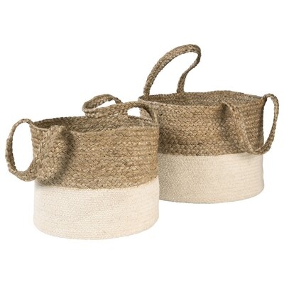 Basket With Jute And Fabric Braided Design, Set Of 2, Brown And Black - Image 0