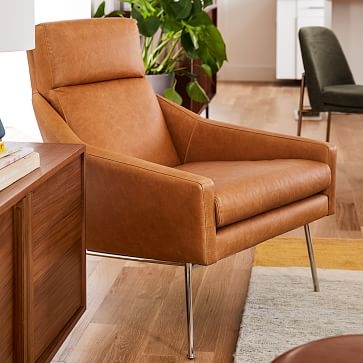 Austin Stationary Chair, Poly, Weston Leather, Cinder, Polished Chrome - Image 1
