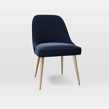 Mid-Century Upholstered Dining Chair, Performance Velvet, Ink Blue, Blackened Brass - Image 0
