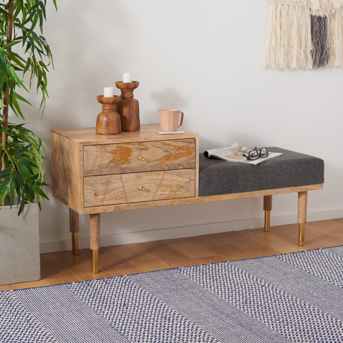 Taft 2 Drawer Cushion Seated Bench - Natural / Grey - Safavieh - Image 1
