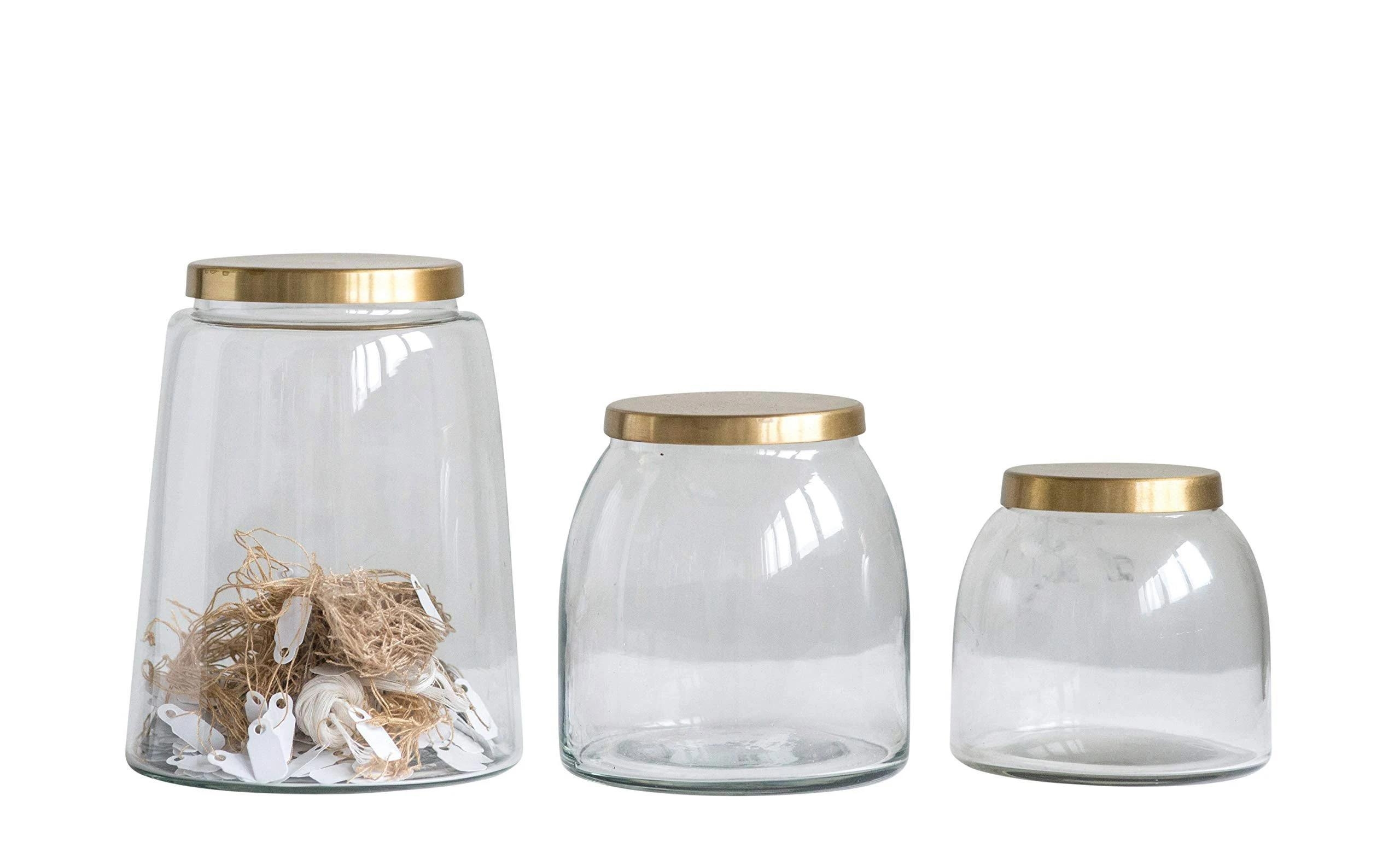 Round Glass Jars with Brass Finish Lids, Set of 3 - Image 1