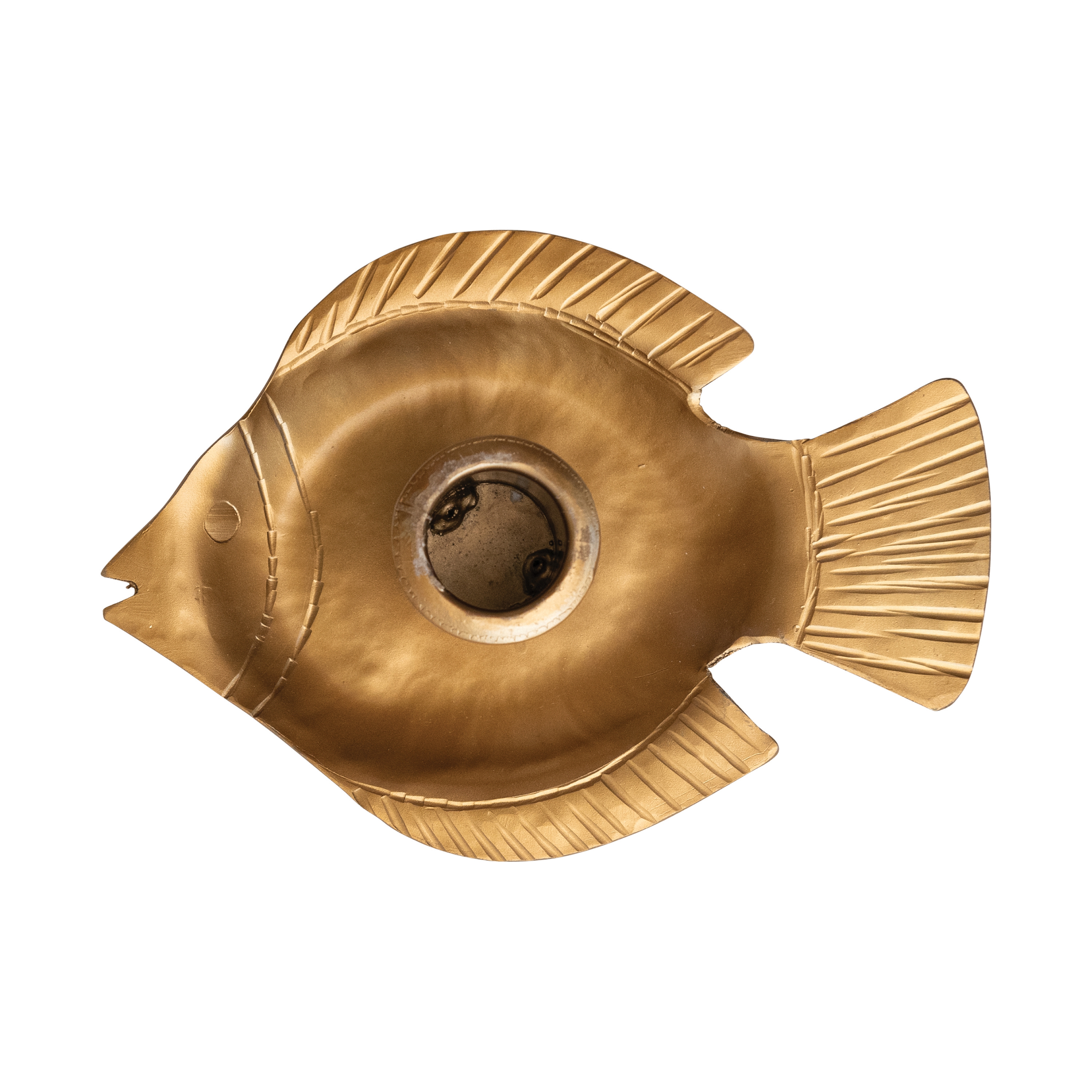 Taper Holder with Embossed Fish Shaped Tray, Antique Gold Finish - Image 0
