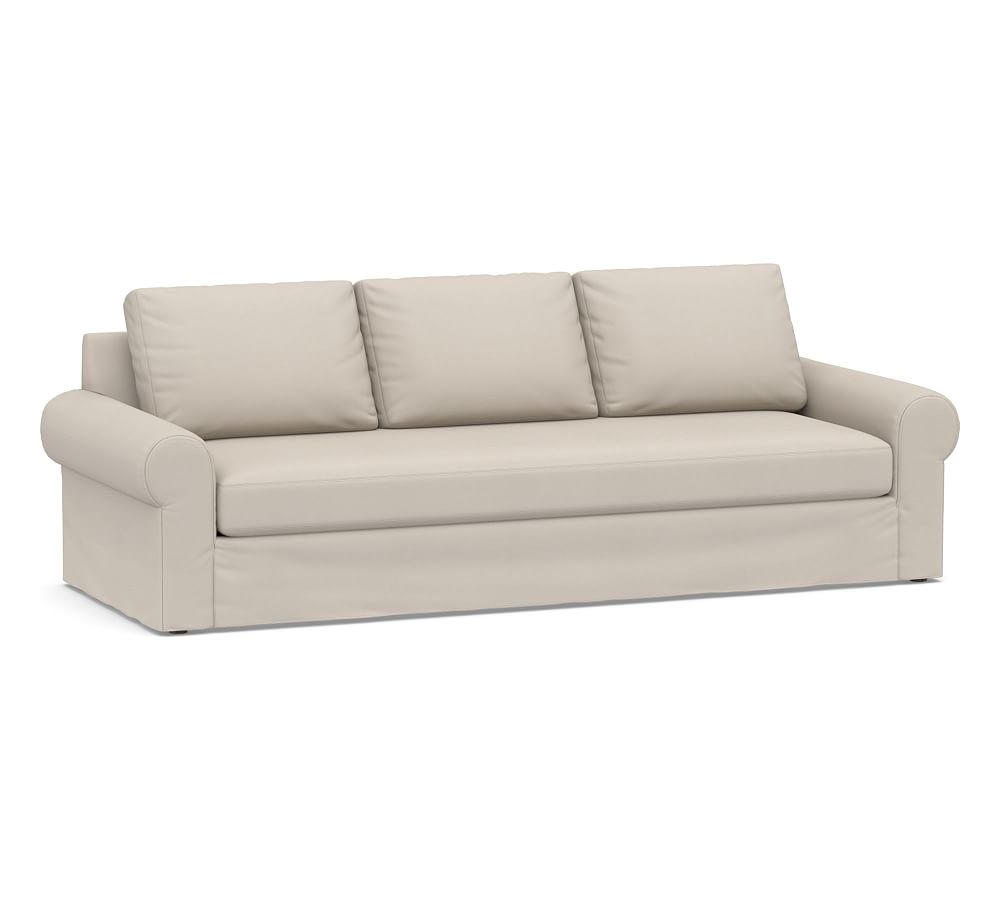 Big Sur Roll Arm Slipcovered Grand Sofa with Bench Cushion, Down Blend Wrapped Cushions, Performance Twill Stone - Image 0