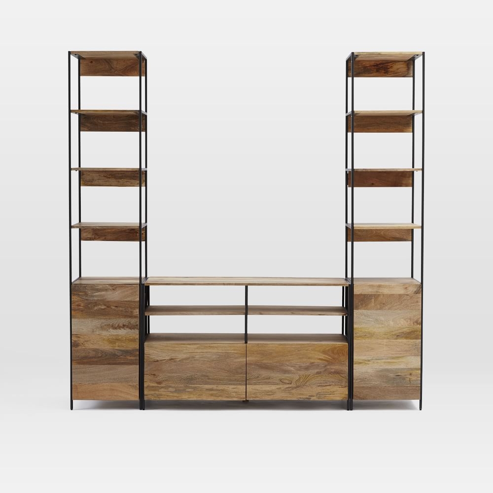 Industrial (49") Media and Set of 2 (17") Open + Closed Bookshelves, Mango - Image 0