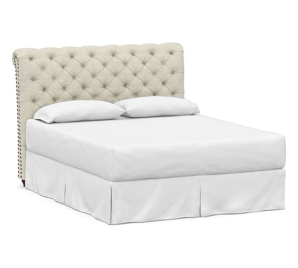 Chesterfield Tufted Upholstered Headboard, Full, Performance Heathered Basketweave Alabaster White - Image 0