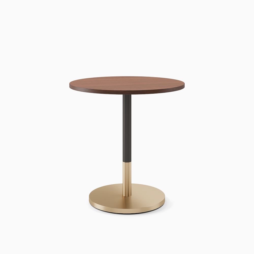 Restaurant Table, 30" Round W Sealer, Dark Walnut, Dining Ht Orbit Base, Bronze, Brass - Image 0