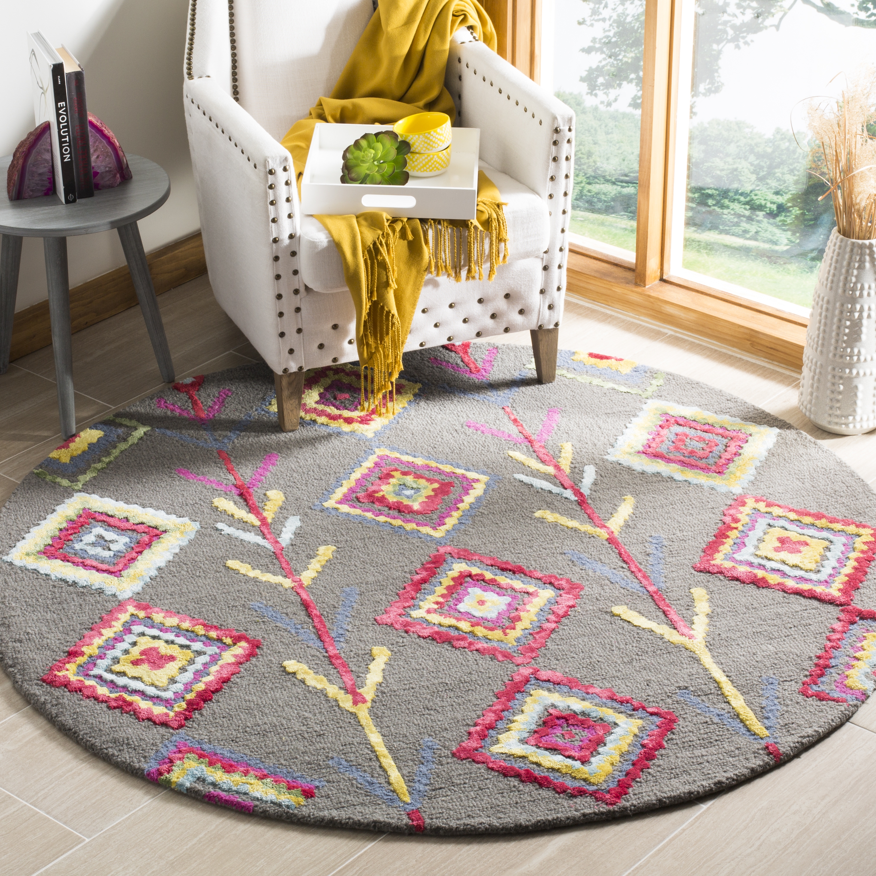 Arlo Home Hand Tufted Area Rug, BLG551A, Dark Grey/Multi,  5' X 5' Round - Image 1