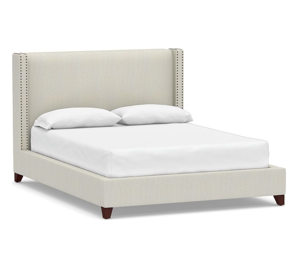 Harper Non-Tufted Upholstered Low Bed with Bronze Nailheads, Full, Performance Heathered Basketweave Dove - Image 0