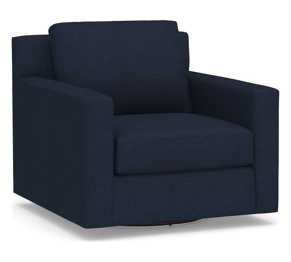 York Square Arm Upholstered Swivel Armchair, Down Blend Wrapped Cushions, Performance Heathered Basketweave Navy - Image 0