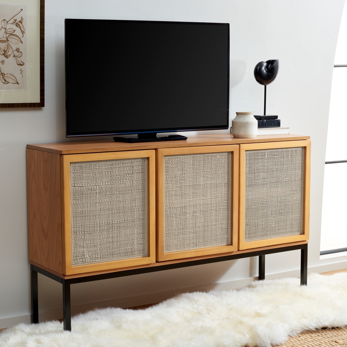 Zadie 2 Shelf Rattan Sideboard - Natural / Black - Safavieh - Image 1