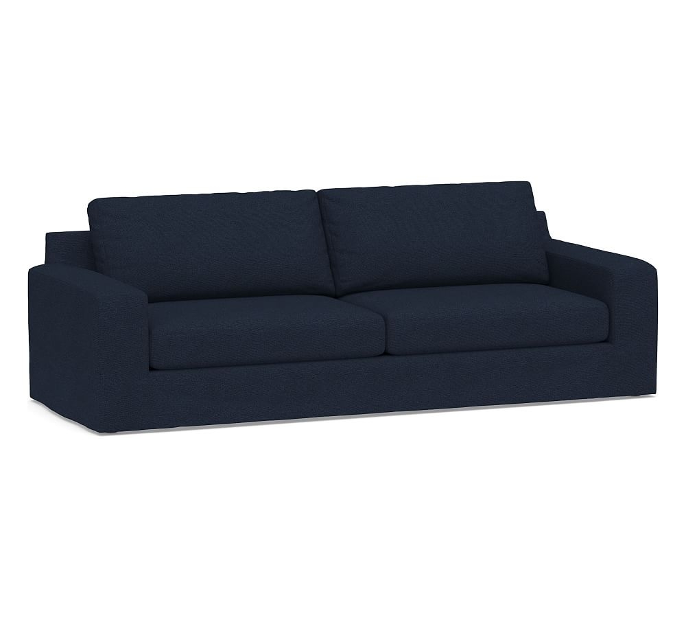 Big Sur Square Arm Slipcovered Grand Sofa 105" 2-Seater, Down Blend Wrapped Cushions, Performance Heathered Basketweave Navy - Image 0