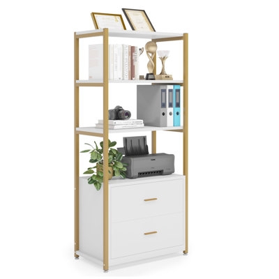 Bookcase Bookshelf With 2 Drawers, 4 Tier Indutrial Etagere Display Book Shelf For Home Office, Bedroom - Image 0
