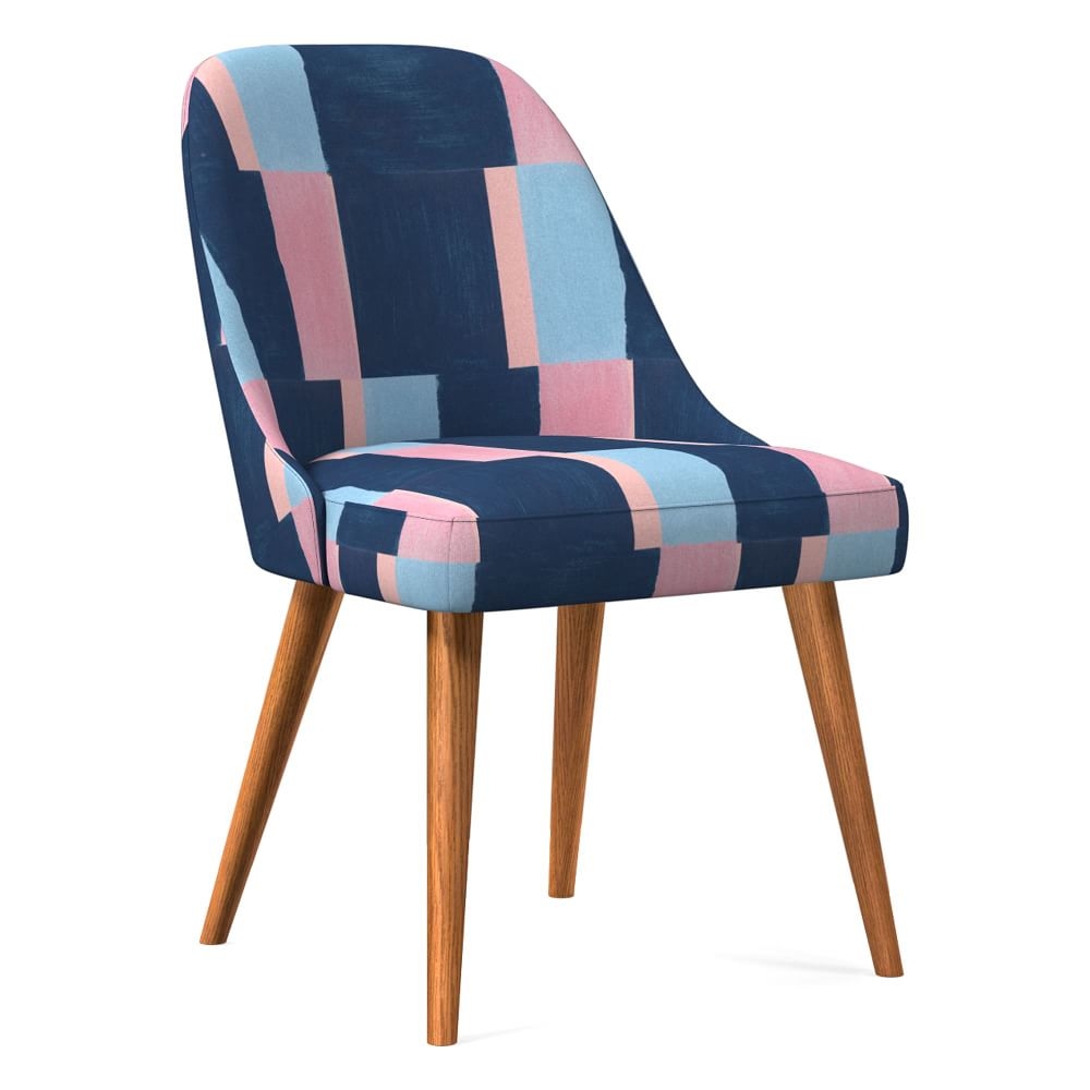 Mid-Century Upholstered Dining Chair, Pink Blue Multi, Color Block, Pecan - Image 0