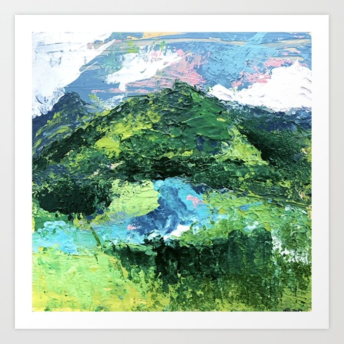 Gunnison: A Vibrant Acrylic Mountain Landscape In Greens, Blues, And A Splash Of Pink Art Print by Alyssa Hamilton Art - Small - Image 0