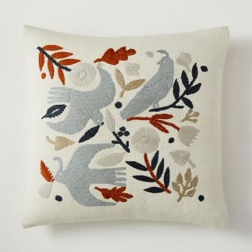 Embroidered Birds Pillow Cover, 18"x18", Alabaster - Image 0
