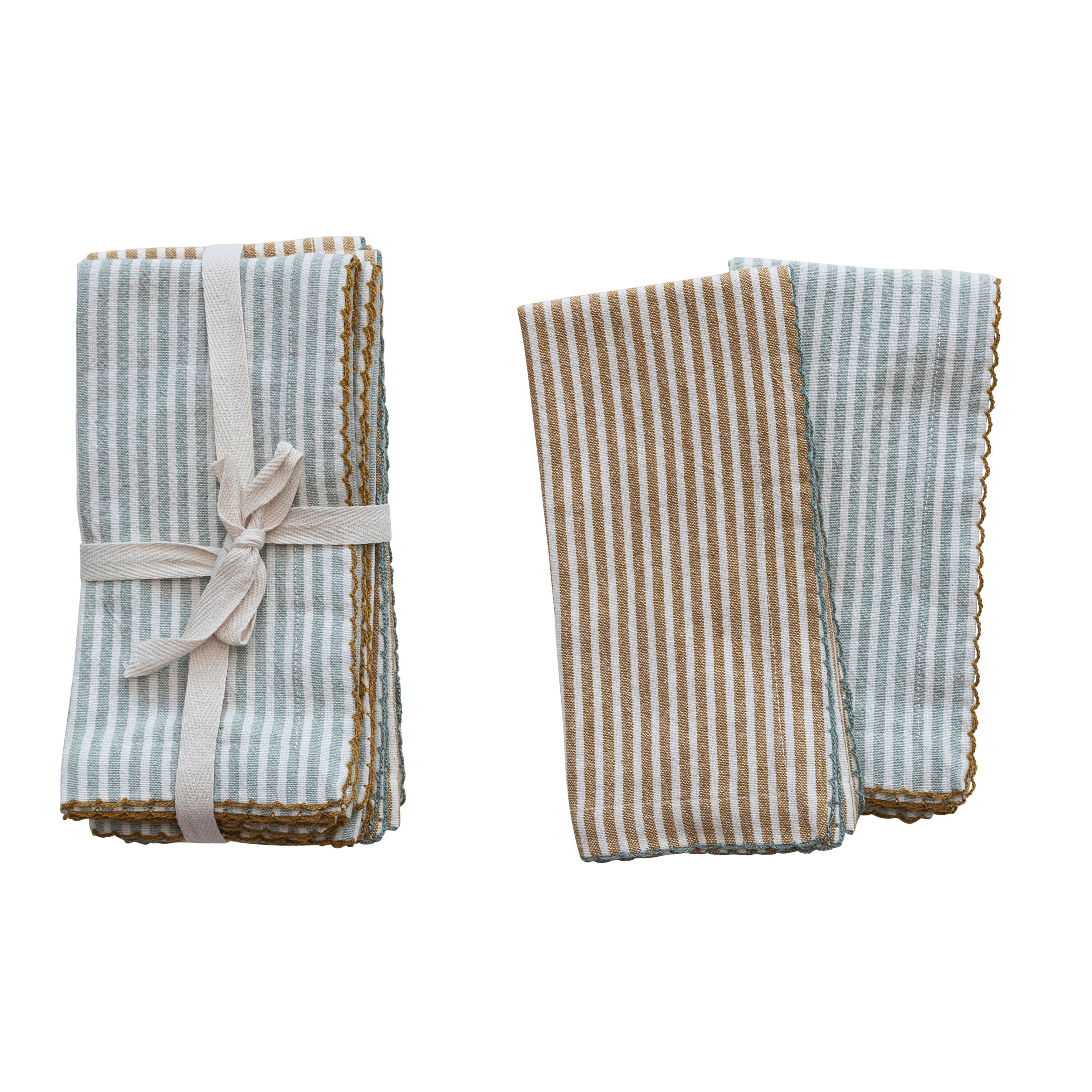 Square Cotton Napkins with Scalloped Edge and Stripes, Set of 4, 2 Colors - Image 0