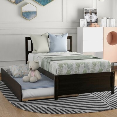 Twin Size Platform Bed Wood Bed Frame With Trundle, Walnut - Image 0