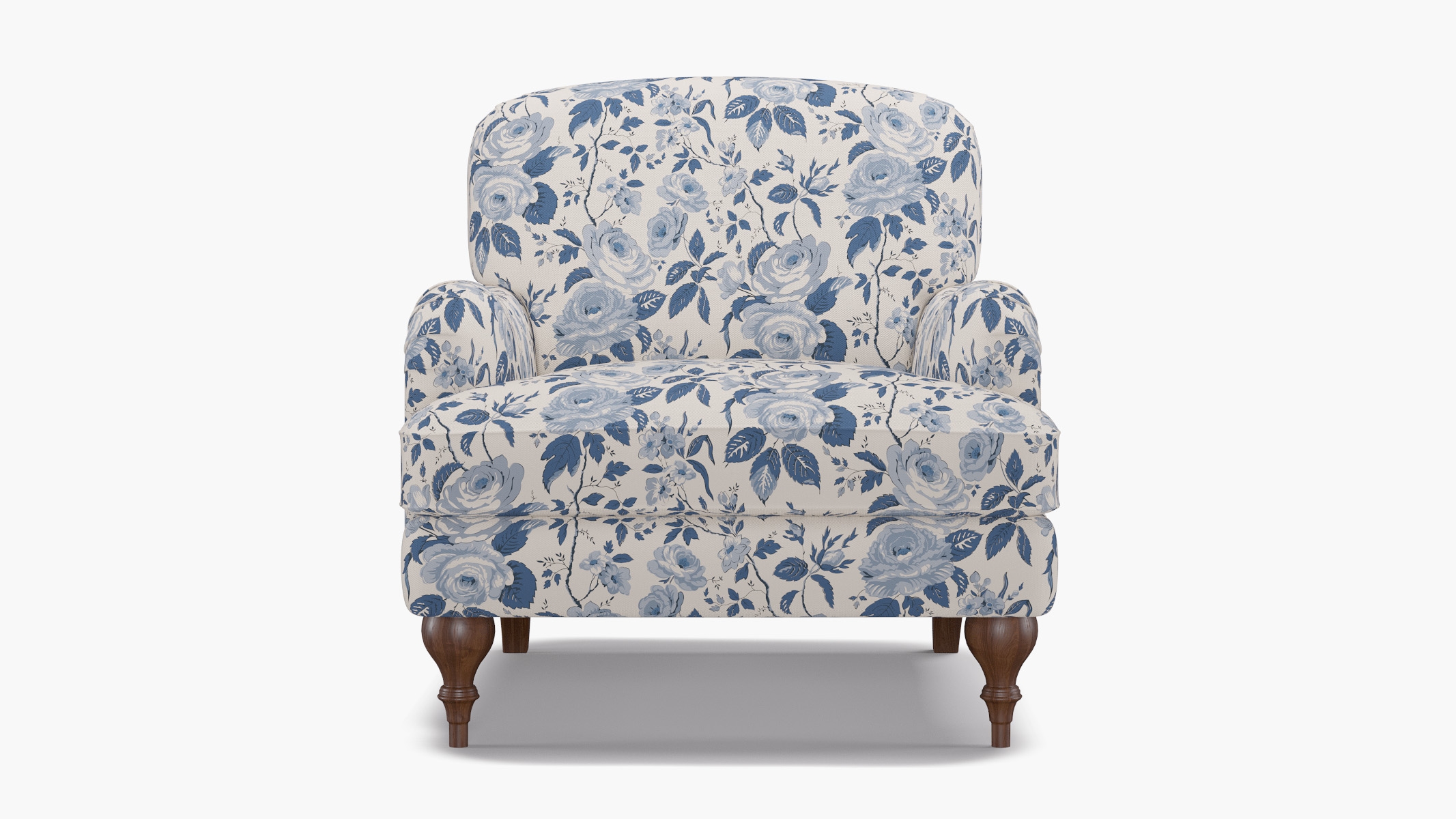 English Roll Arm Chair, Delft Chintz, Walnut Turned Wood Leg - Image 0