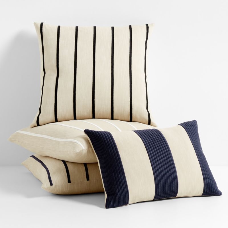 Como Cotton Embroidered Thin Stripe 23x23 Arctic Ivory Throw Pillow with Feather Insert - Image 5