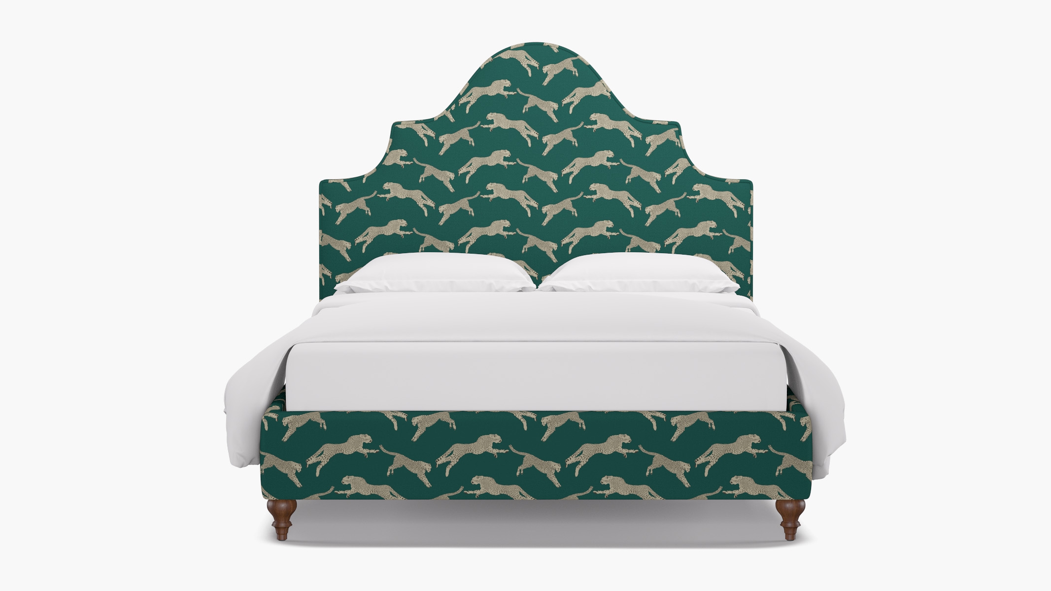 Statement Bed, Polo Green Cheetah, Walnut Traditional Turned Leg, Twin - Image 0