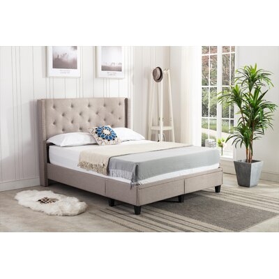 Reinaldo Studded Winged Queen Upholstered Storage Sleigh Bed - Image 0