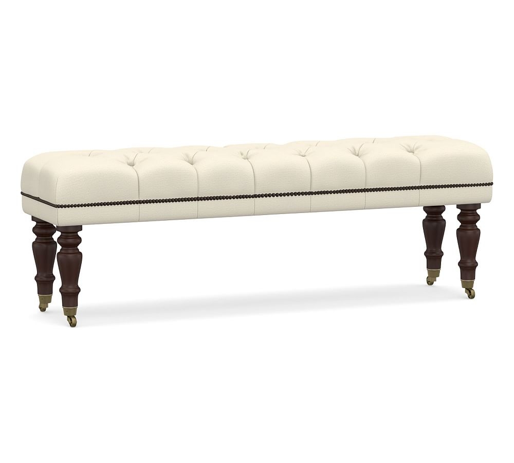 Raleigh Upholstered Tufted Queen Bench with Mahogany Legs & Bronze Nailheads, Park Weave Ivory - Image 0