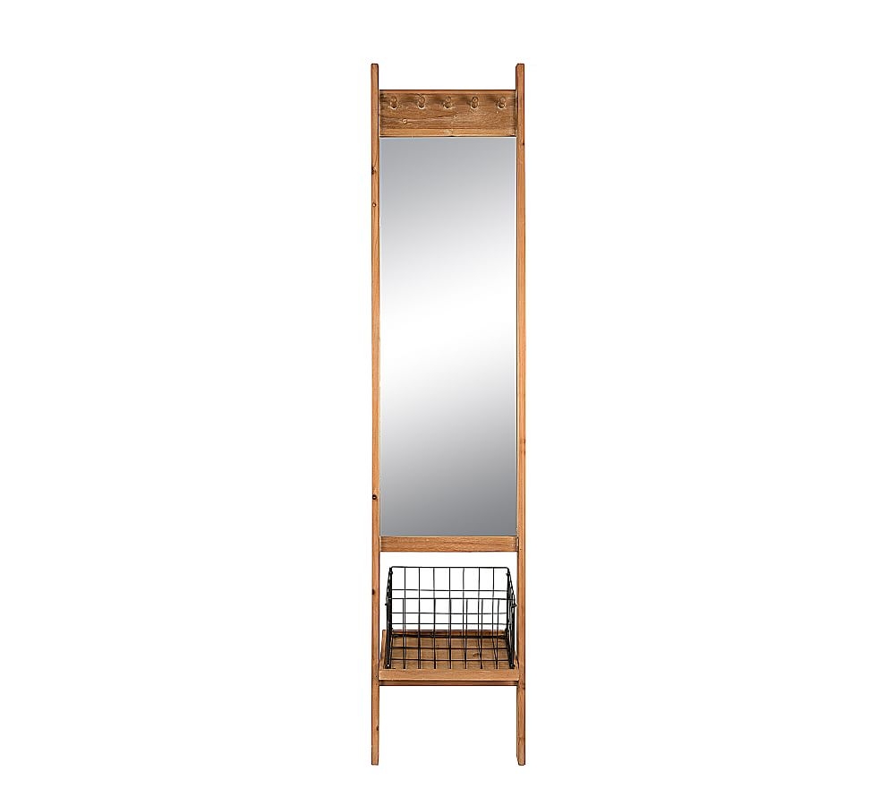 Zora Wooden Floor Mirror with Basket, Brown, 70.5"H - Image 0