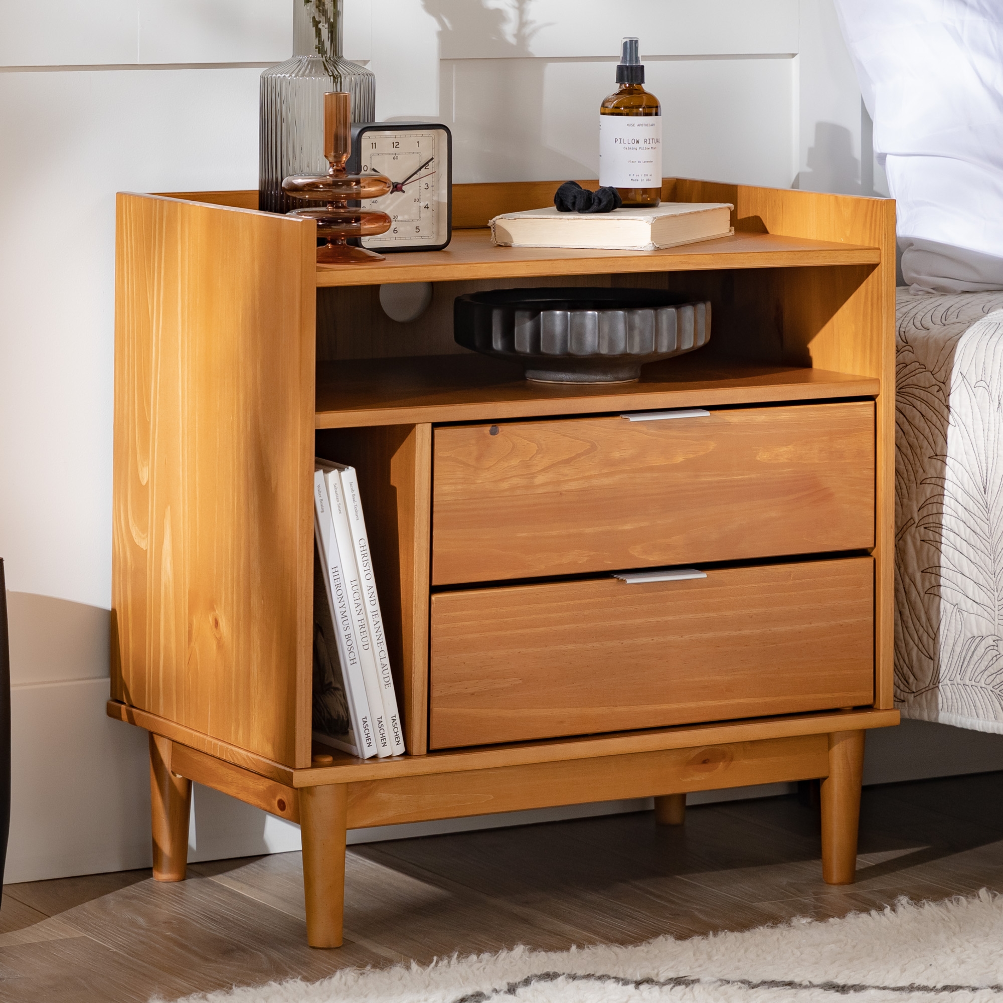 Mid-Century Modern Solid Wood 2-Drawer Nightstand – Caramel  - Image 3