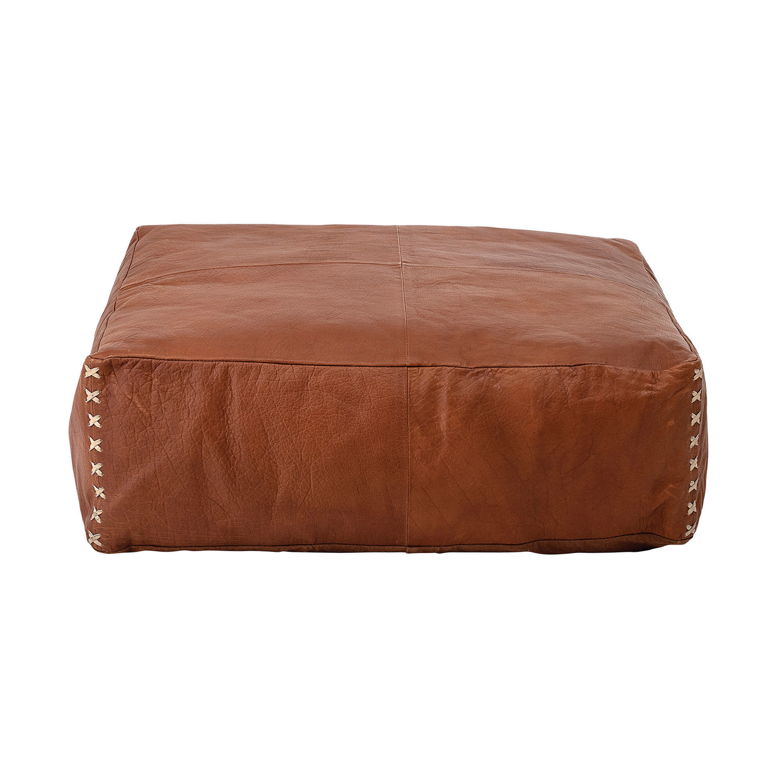 Tobacco Brown Leather Pouf with Off-White Stitch Detail - Image 0