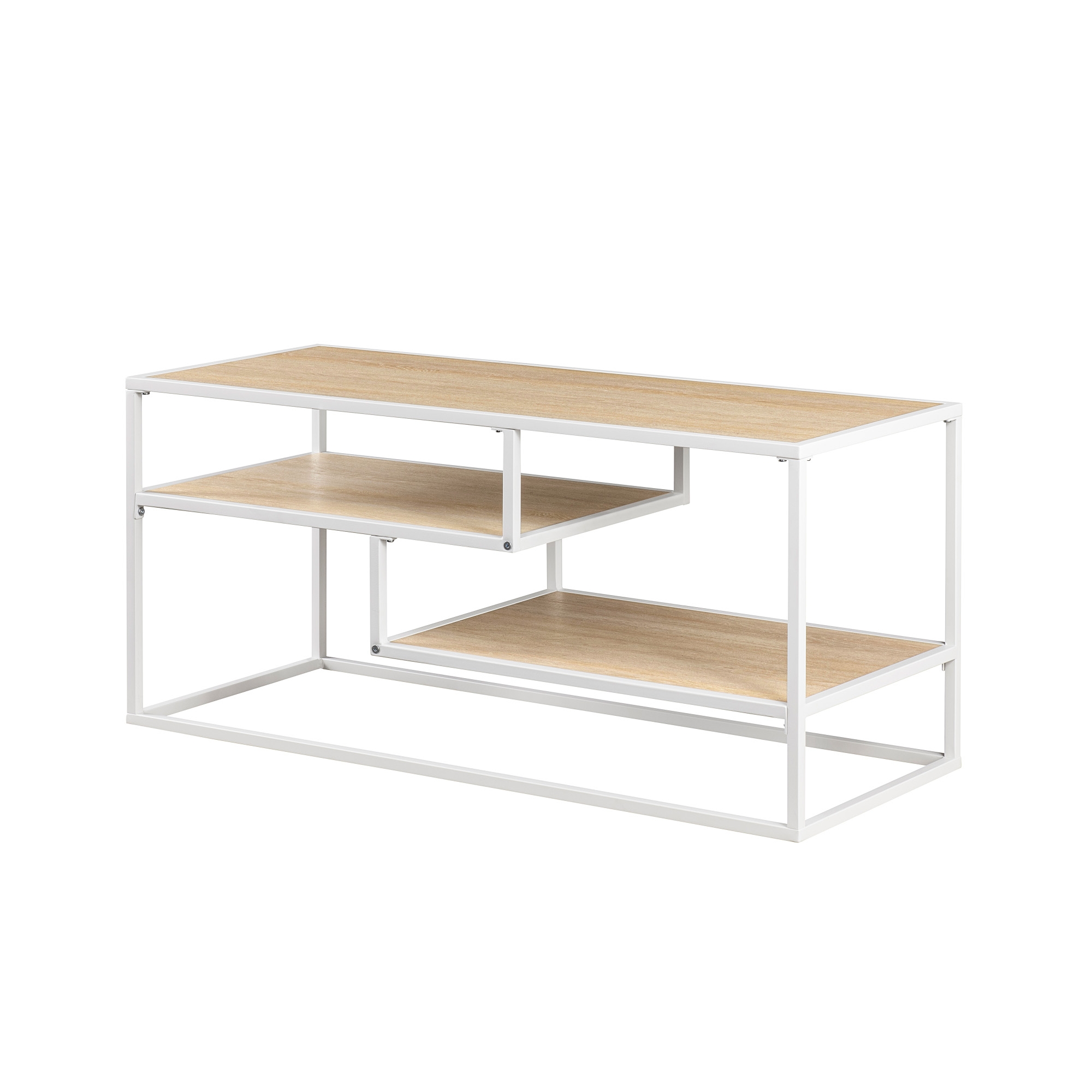 Modern Floating Shelf Metal and Wood TV Stand for TVs up to 43” - Coastal Oak / White - Image 2