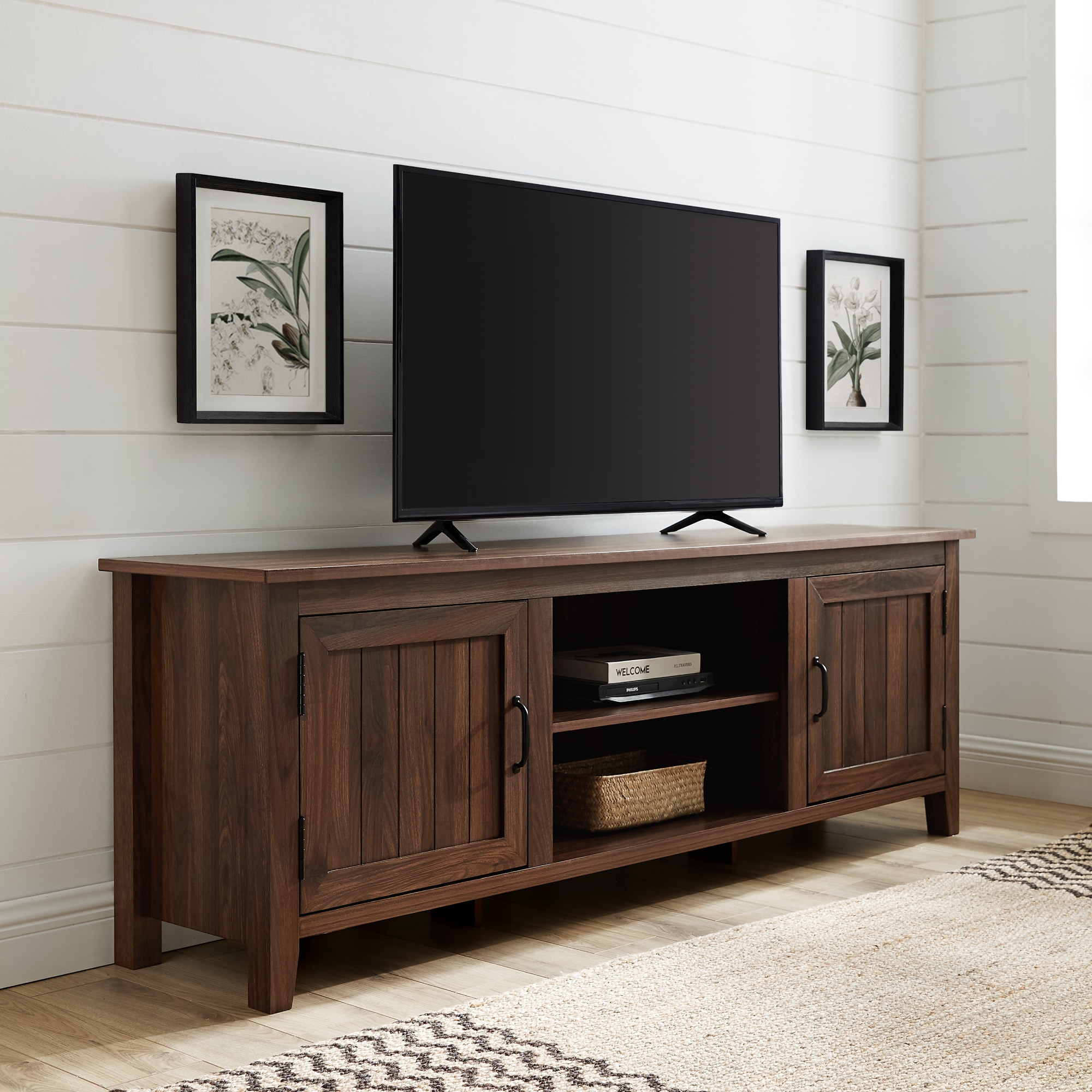 70" Modern Farmhouse Simple Grooved Door Wood TV Stand - Dark Walnut - Image 4