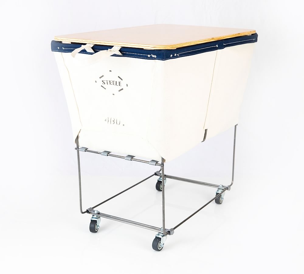 Elevated Canvas Laundry Basket with Wheels and Lid, Medium, Natural Canvas/Navy Canvas Trim - Image 0