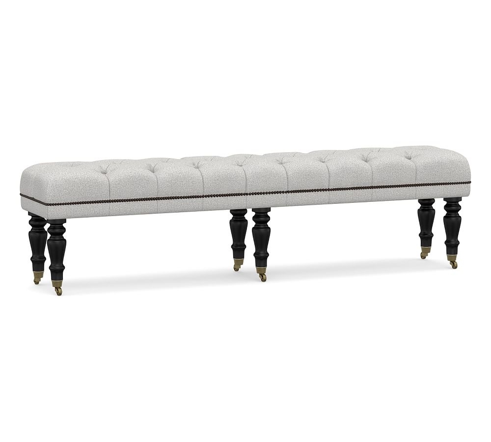Raleigh Upholstered Tufted King Bench with Black Legs & Bronze Nailheads, Park Weave Ash - Image 0