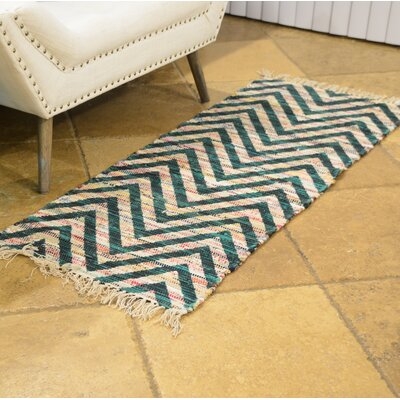 One-of-a-Kind Heise Hand-Knotted 1'10" x 4'10" Cotton Green/Beige Area Rug - Image 0