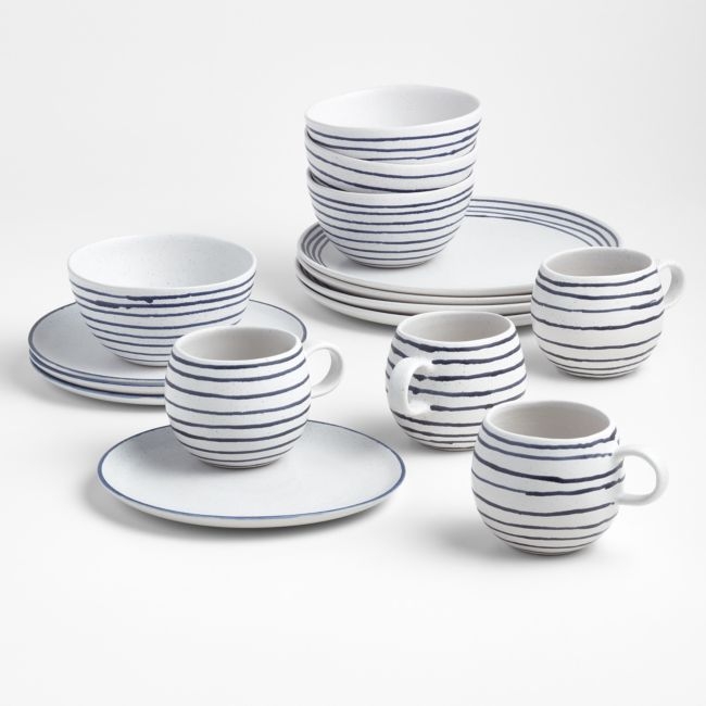 Lina 16-Piece Matte Blue Stripe Dinnerware Set - Image 0