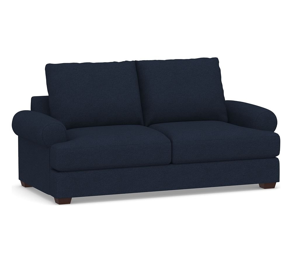 Canyon Roll Arm Upholstered Sofa 90", Down Blend Wrapped Cushions, Performance Heathered Basketweave Navy - Image 0