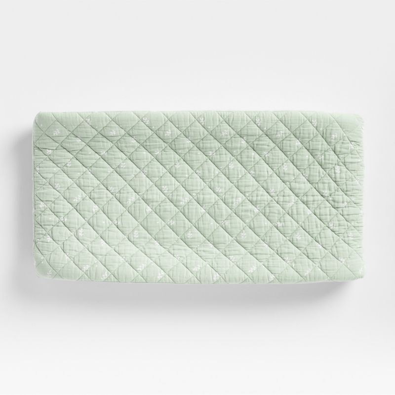 Supersoft Muted Teal Leaf Print Organic Cotton Gauze Baby Changing Pad Cover - Image 1