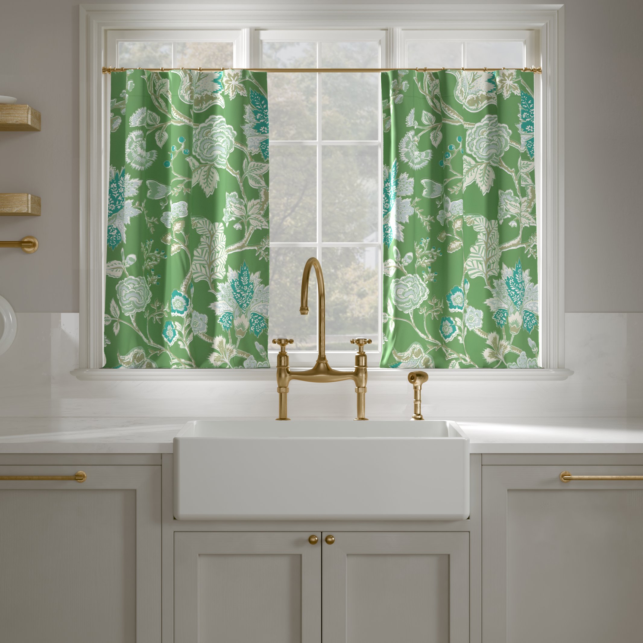 Printed Linen Café Curtain, Green La Vendee, 25" x 24", Privacy - Image 0