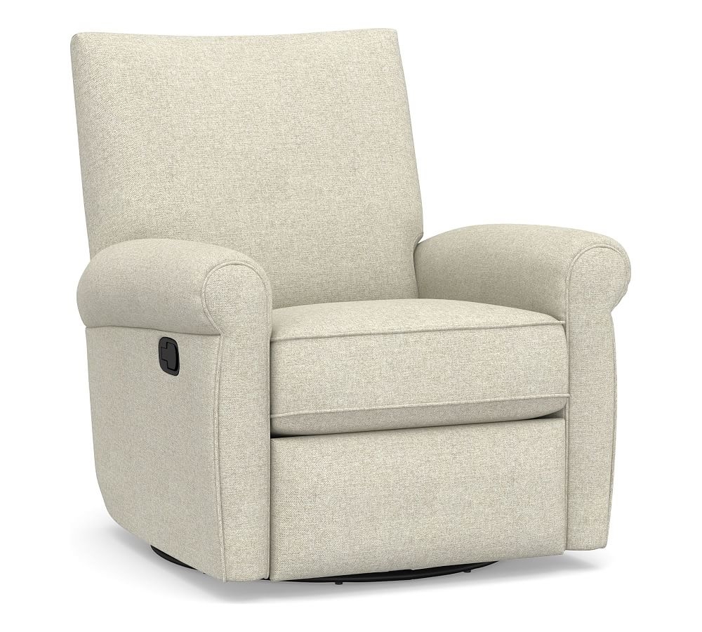 Grayson Roll Arm Upholstered Swivel Recliner, Polyester Wrapped Cushions, Performance Heathered Basketweave Alabaster White - Image 0
