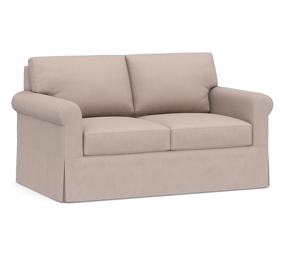 York Roll Arm Slipcovered Loveseat 72.5", Down Blend Wrapped Cushions, Performance Heathered Tweed Desert - Image 0