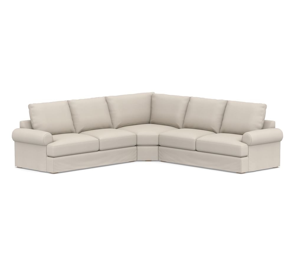 Canyon Roll Arm Slipcovered 3-Piece L-Shaped Wedge Sectional, Down Blend Wrapped Cushions, Performance Twill Stone - Image 0
